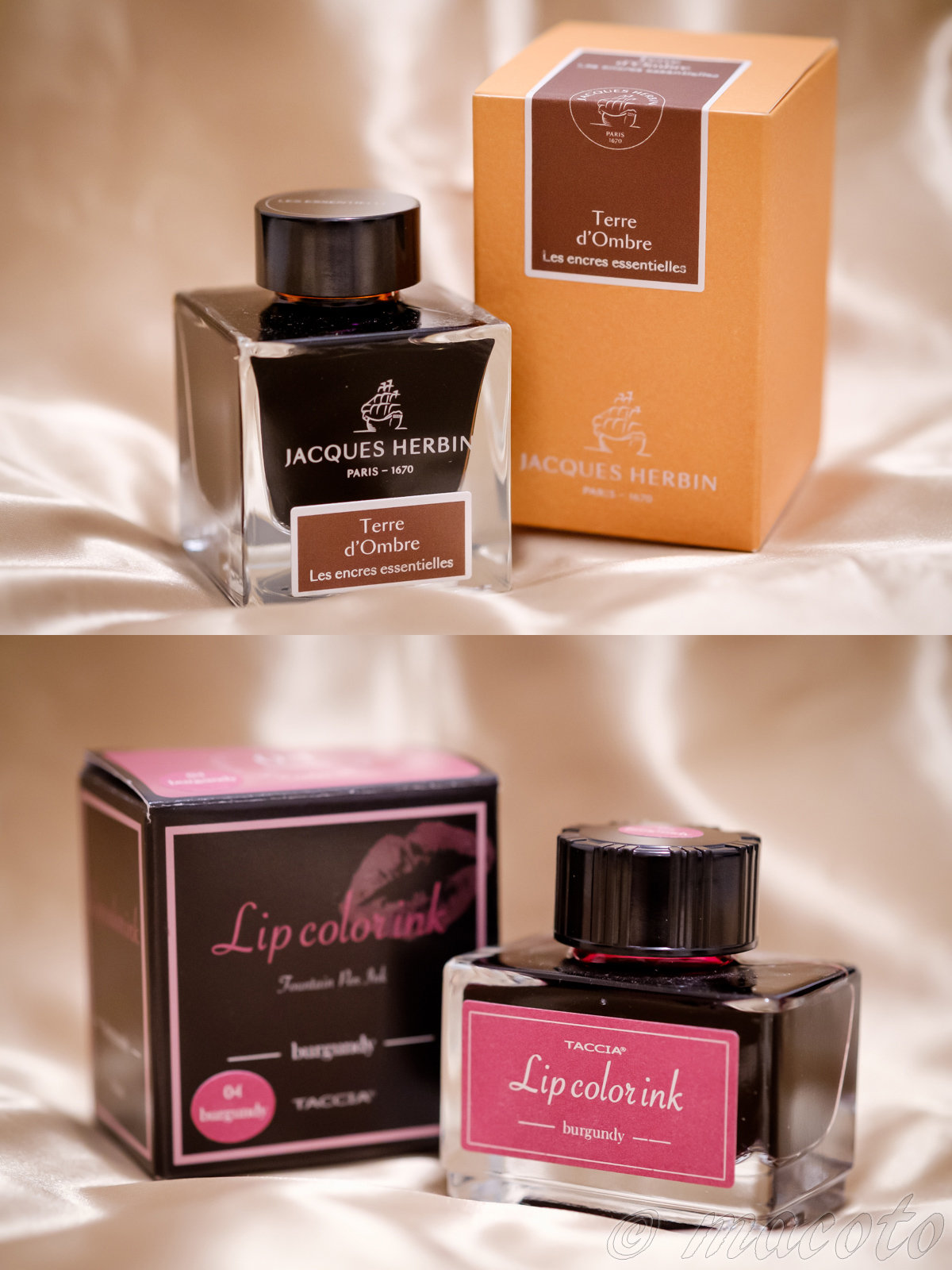万年筆インク：ジャックエルバン「大地のブラウン」、タチア「リップカラーインク バーガンディ」